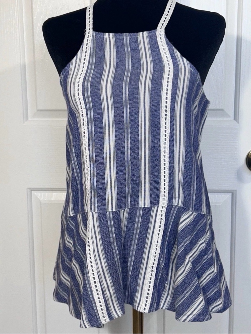 Hollister The Seaside Breeze Blue Stripe Halter Cami Tank Top Peplum Small